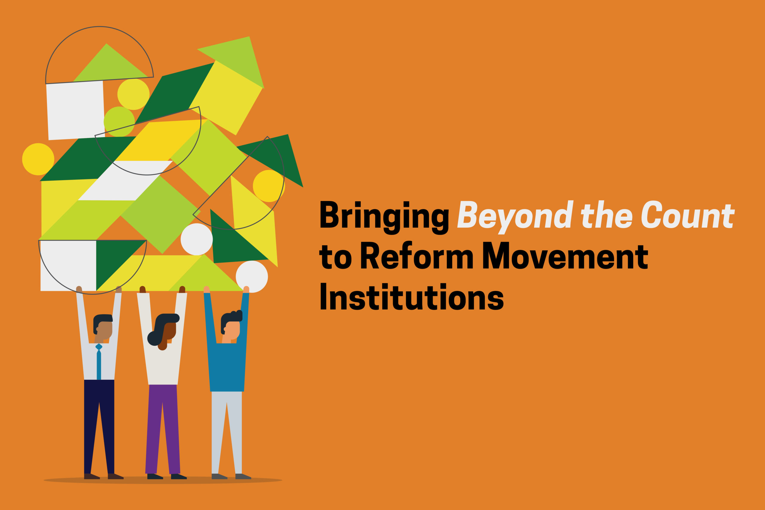 Orange background with three figures with different skin tones holding up green and yellow geometric shapes from Beyond the Count logo; text shows article title.