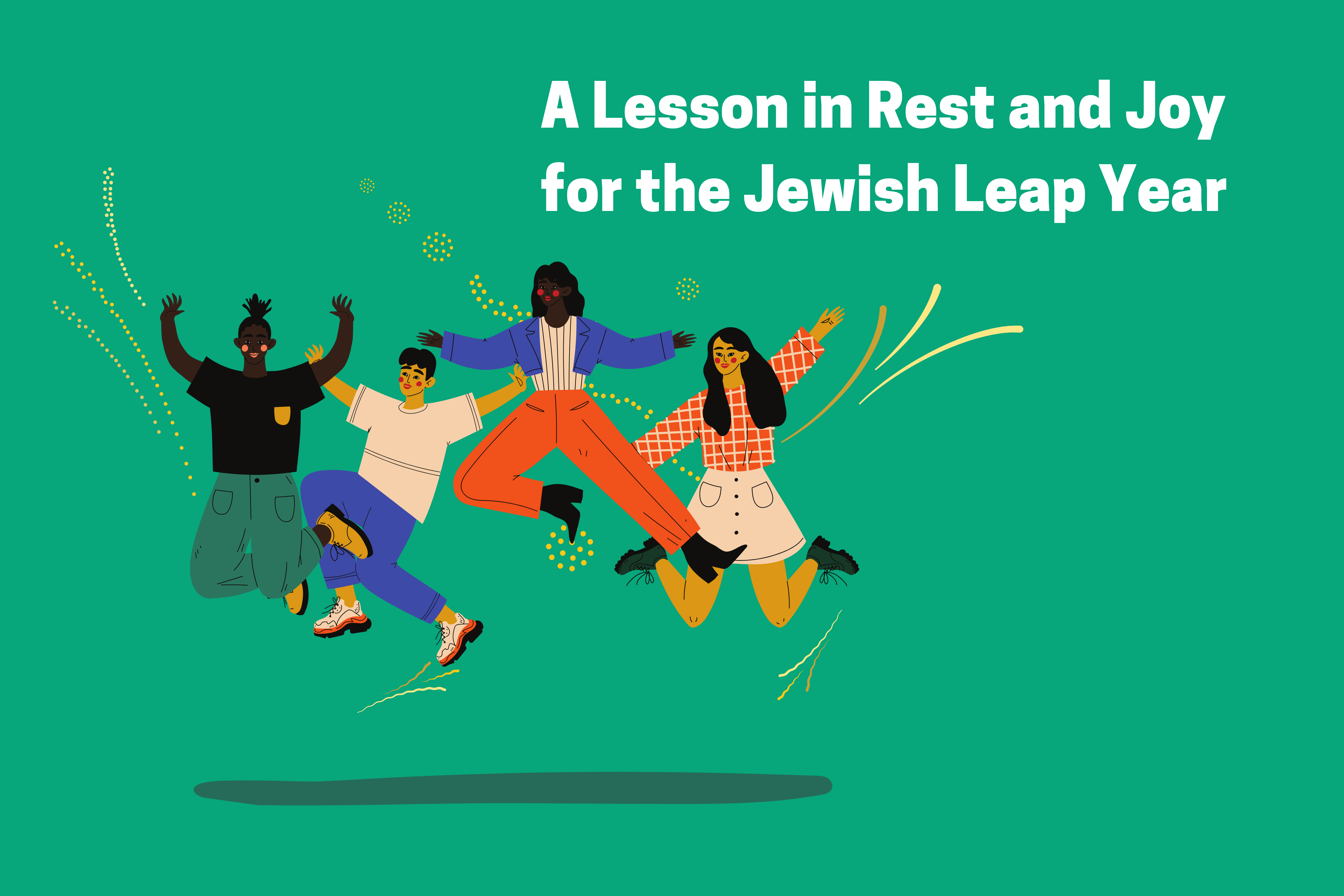 Four graphic design characters jump for joy against a solid green background. Text of title sits near upper right-hand corner.