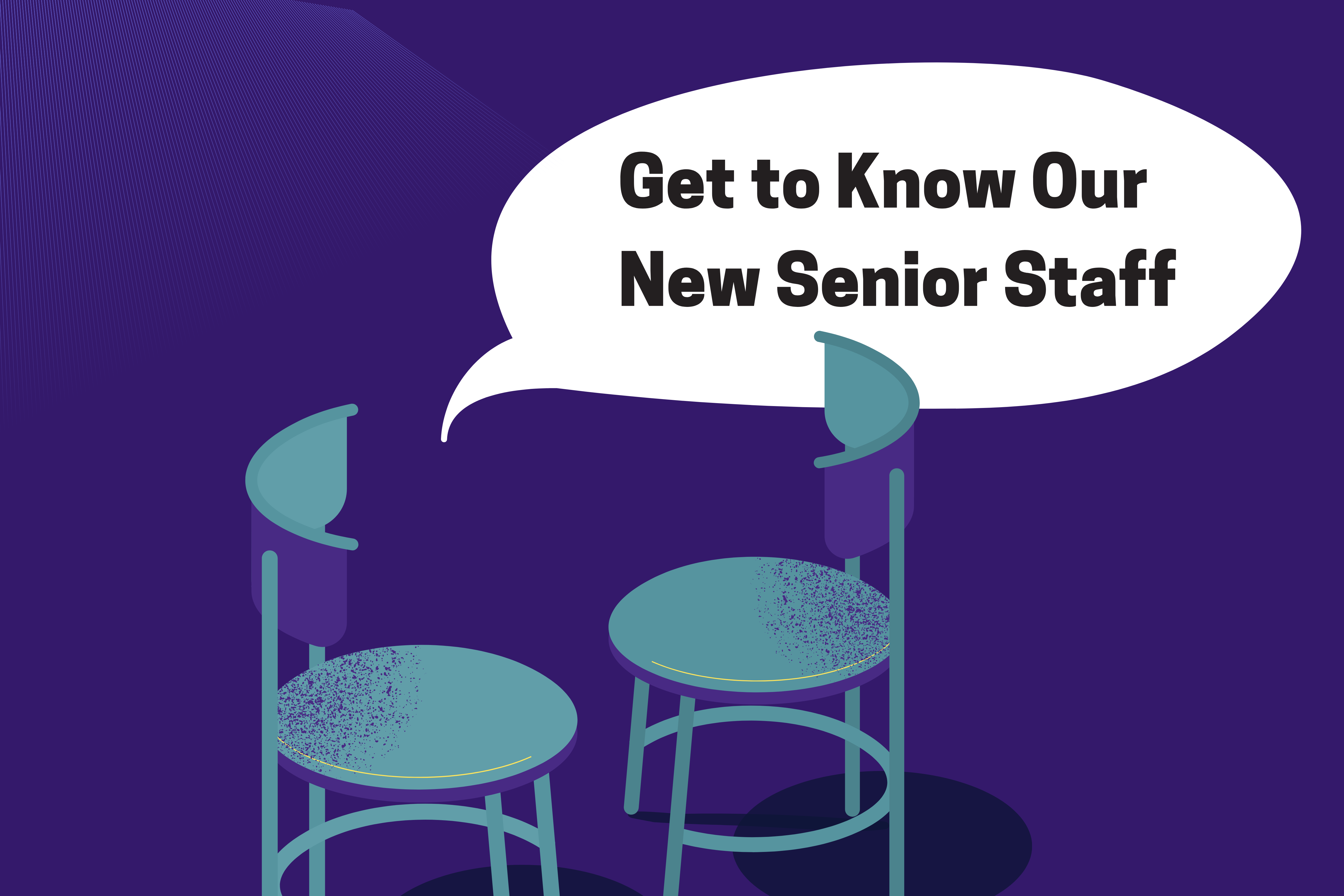 Solid purple background with two graphic design light teal chairs facing each other, text of title featured in white text bubble.