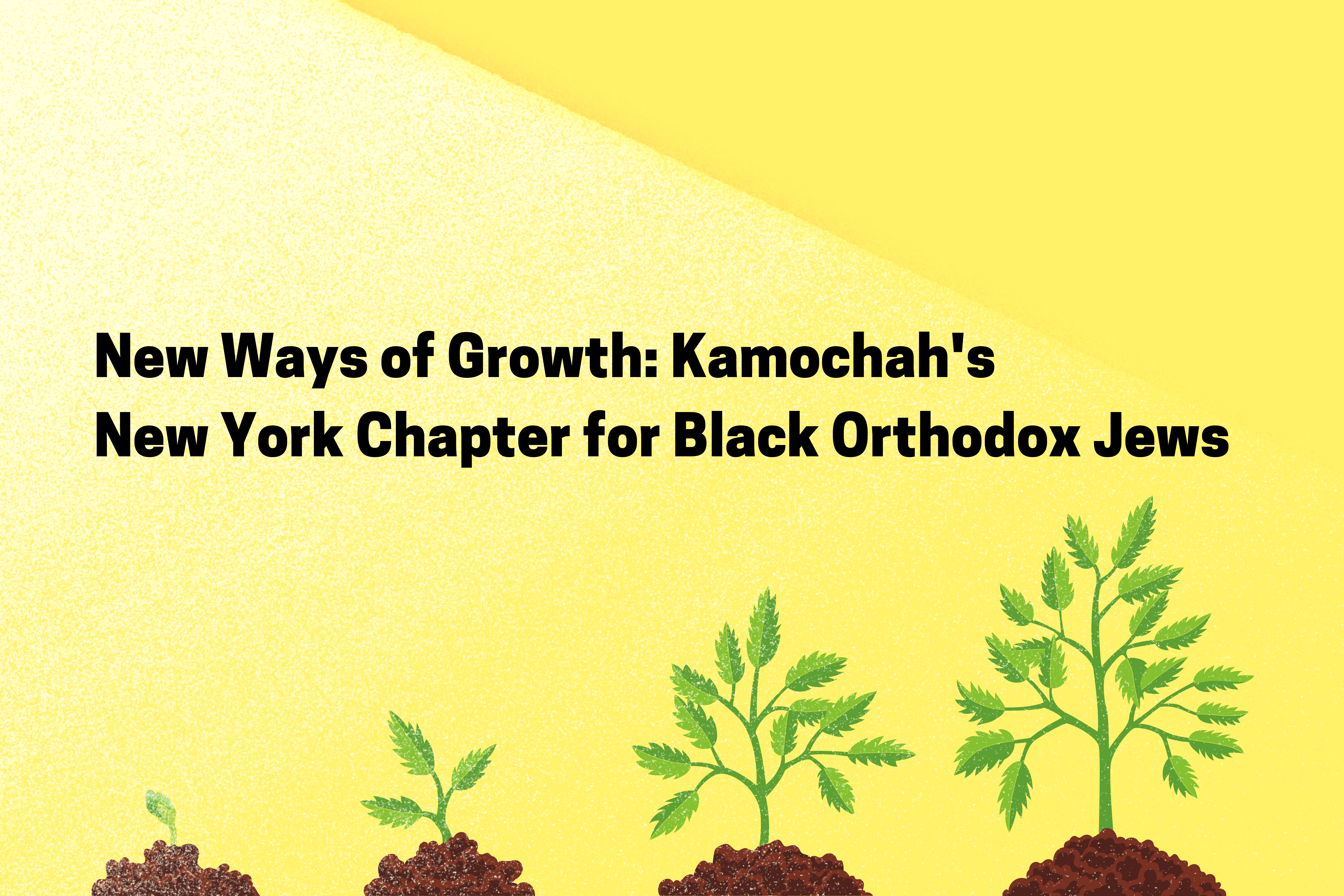New Ways of Growth title on yellow background with ray of sunlight shining on tree at 4 stages of growth
