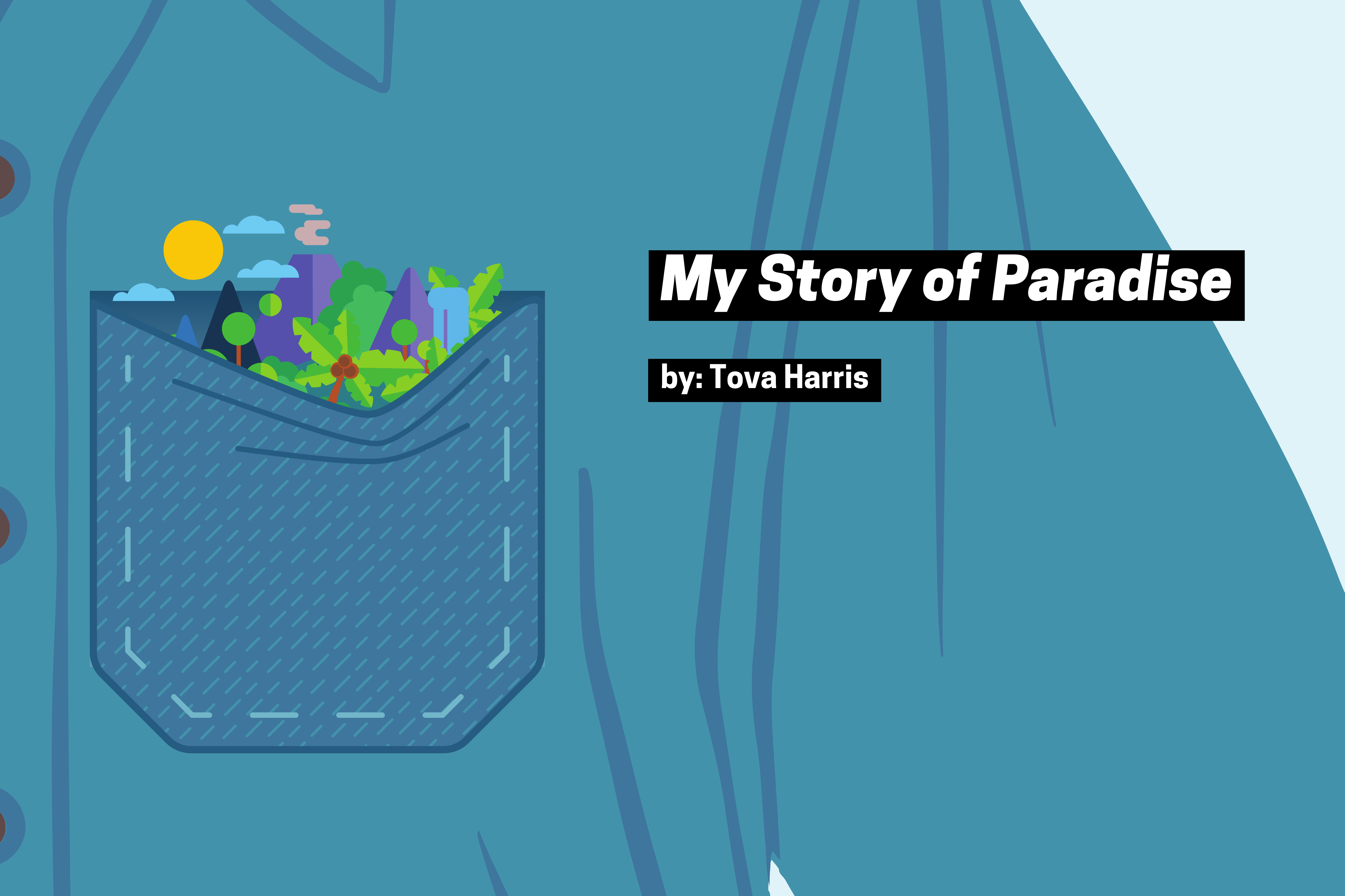 Blue button-up shirt with pocket, inside pocket palm trees, sun, mountains. My Story of Paradise