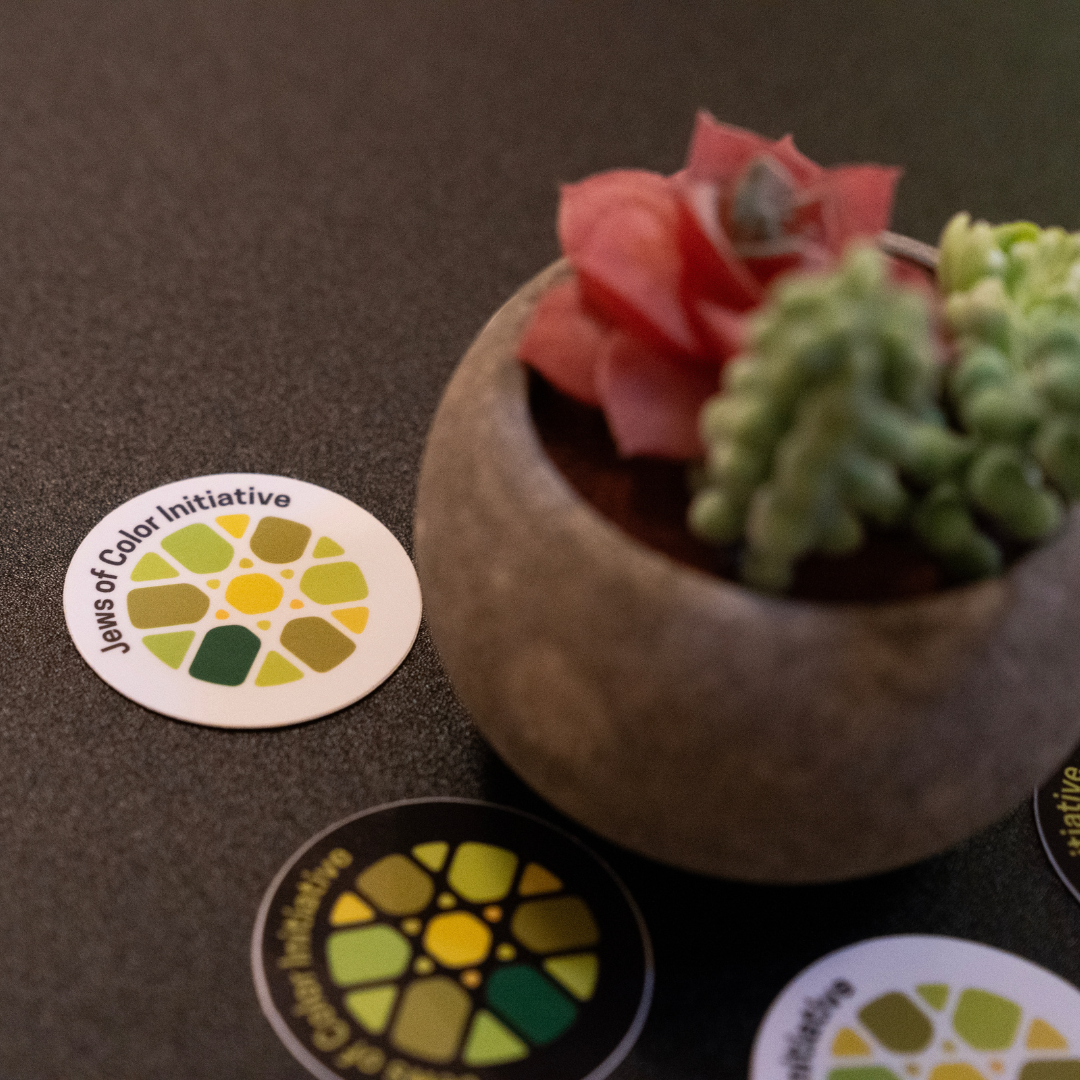 Image shows JoCI logo stickers and a potted succulent plant